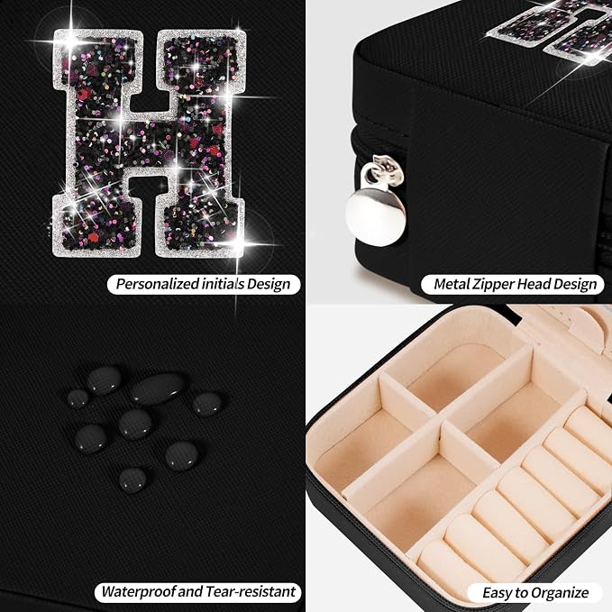 Uygafly Monogrammed Gifts for Women - Jewelry Case for Women Trendy Jewelry Box Fashion Cute Jewelry Organizers and Storage Aesthetic,Travel Essentials Birthday Gifts for Girls Women | Black,H
