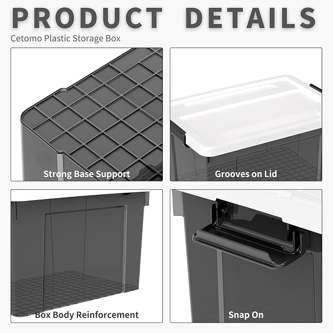Cetomo Lidded Storage Bin with Handle, Tote Organizing Container with Wheels, Lid and Secure Latching Buckles, Stackable and Nestable, Plastic, 72 Quart-3 Pack, Clear Black