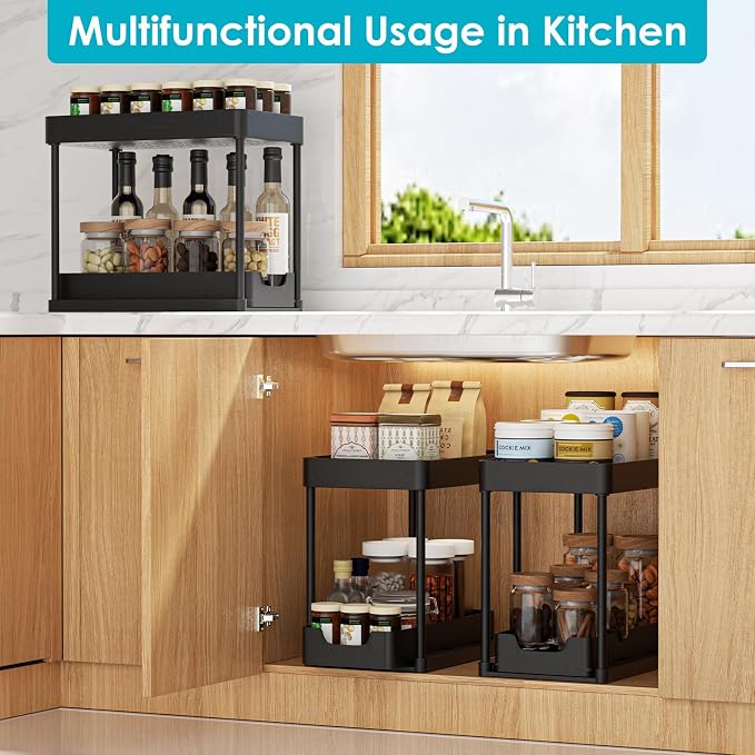 2 Pack Under Sink Organizer with Sliding Basket - 2 Tier Metal Cabinet Storage Shelf for Bathroom, Kitchen Sink - Adjustable Shelves, Space Saver,Black