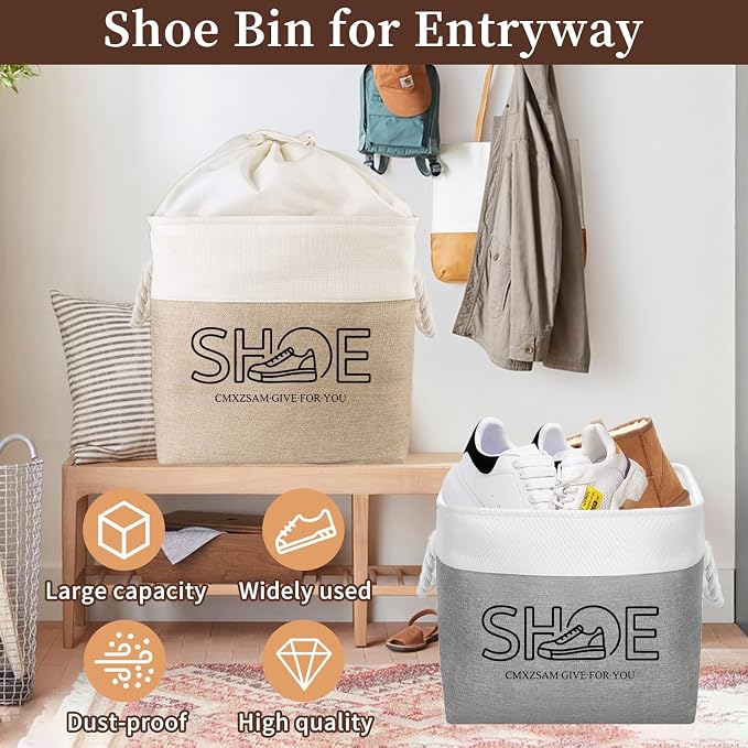 Shoe Basket Organizer, Large Capacity Fabric Entryway Shoe Storage Bin with Handle, Flodable Space-Saving Shoe Basket for Entryway, Hallway, Entryway and Mudroom