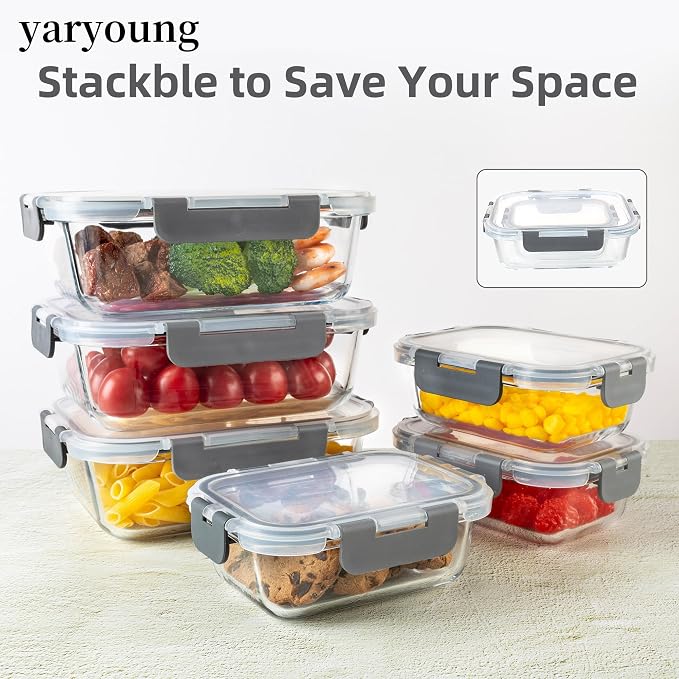 16Pack Glass Meal Prep Containers 8 Bowls with 8 Airtight Grey Lids 2 Sizes | Borosilicate glass food storage set for lunch, leftovers & portion control — microwave/freezer/dishwasher safe, leak-proof