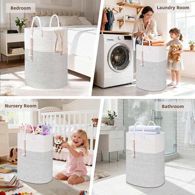 Woven Laundry Basket for Clothes, 100 L Large Rectangle Laundry Hampers with Beads Tassel, Nursery Storage Basket for Toys, Tall Dirty Clothes Hamper for Bedroom Aesthetic, Laundry Room Organization