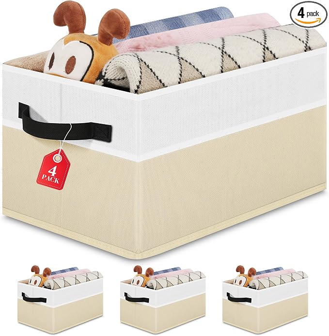 Large Shelf Storage Bins [4 Pack],Decorative Collapsible Storage Basket,Fabric Closet Organizer and Home Storage Cubes with Handles for Organizing Books, Clothes, Toys, Nursery（Beige）