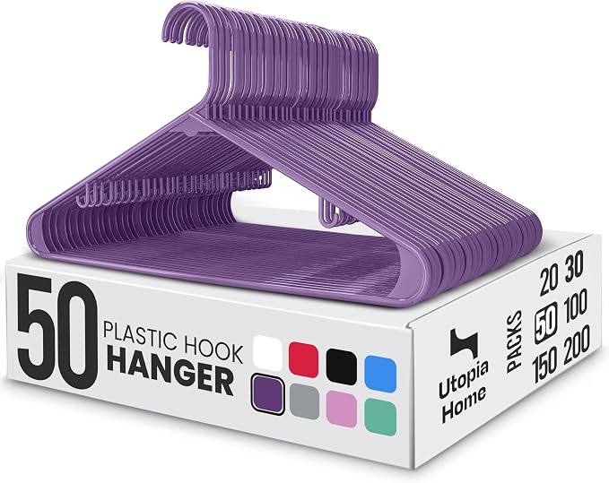 Utopia Home Plastic Hangers 50 Pack – Built-in Strap Hooks Purple | Space saving | Durable & strong | Closet organizer | Clothes hangers | Ideal for shirts, pants, skirts & coats