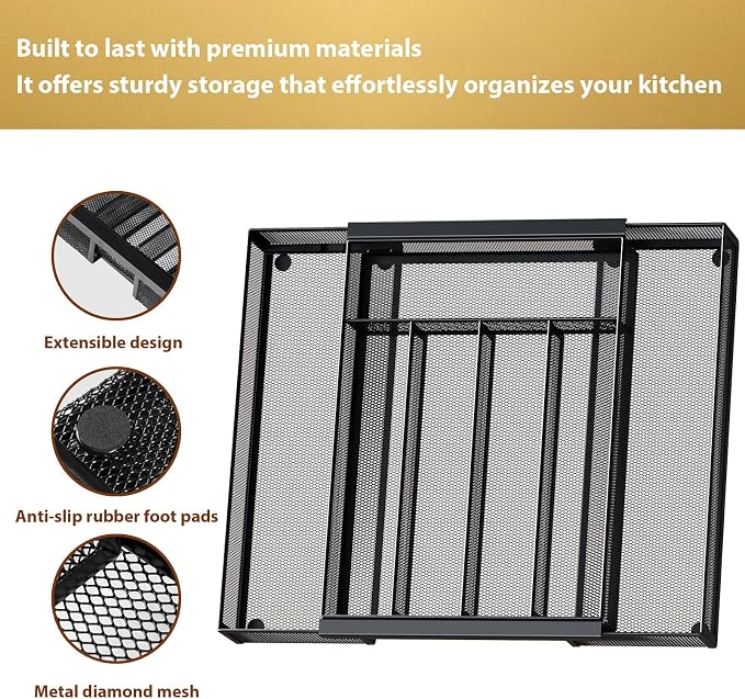 Sedegn Silverware Organizer Metal Mesh, Drawer Organizer, Utensil Cutlery Tray for kitchen drawers,Expandable Flatware Organizer with 7 Compartment Black 9.6"~16.1" x 13.8"