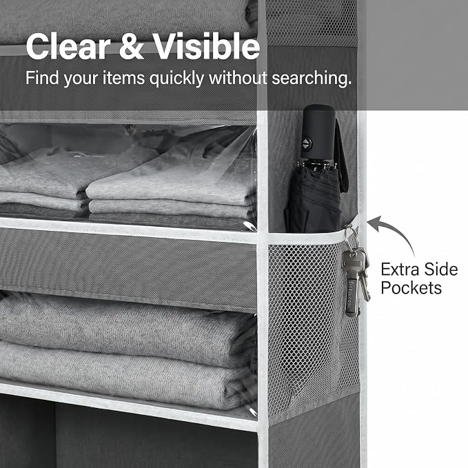 Over the Door Organizer with 5 Large Pockets and 10 Mesh Side Pockets, Hanging Organizer with Clear Windows 44 lbs Weight Capacity for Bedroom, Bathroom, Pantry, Nursery Dark Gray