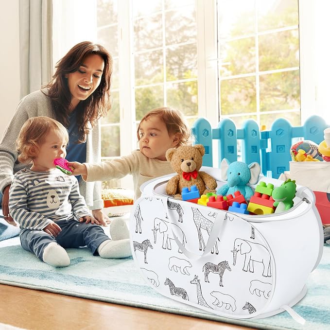 Collapsible Toy Box with Zipper Lid- Stuffed Animal Storage Basket White | Sturdy Foldable Toy Basket, Lightweight, Easy-Carry Handles, Space-Saving, Animal Print, for Kids Room, Playroom, Bedroom