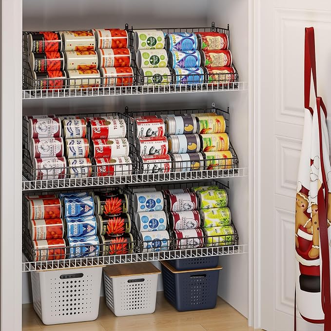 4 Pack Stackable Can Rack Organizer for Pantry Storage,Can Dispensers with 4 Adjustable Dividers, 2-Tier Metal Wire Basket Holds up to 84 Cans for Kitchen Cabinet Pantry, Black