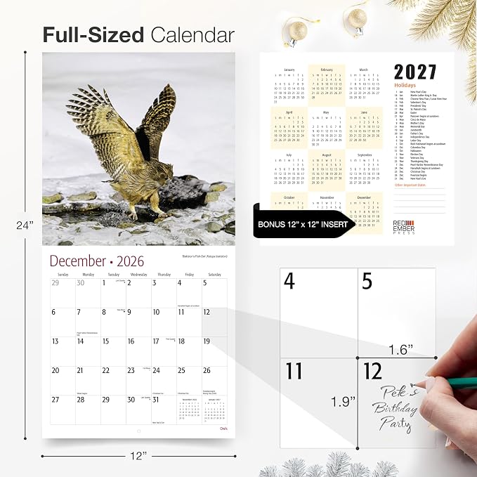 RED EMBER Owls 2026 Wall Calendar 12 Month | 12" x 24" Open | Thick & Sturdy Paper | Giftable | Birds of Prey Animal Calendar 2026