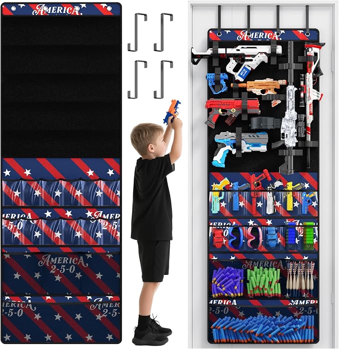 Over the Door Organizer for Toy Guns, Toys Storage Door Hanger with Pockets and Slots for Kids Foam Blasters, Darts, Goggles, Over Door Toys Storage Organizer, for Kids Rooms, Game Rooms, Blue Red