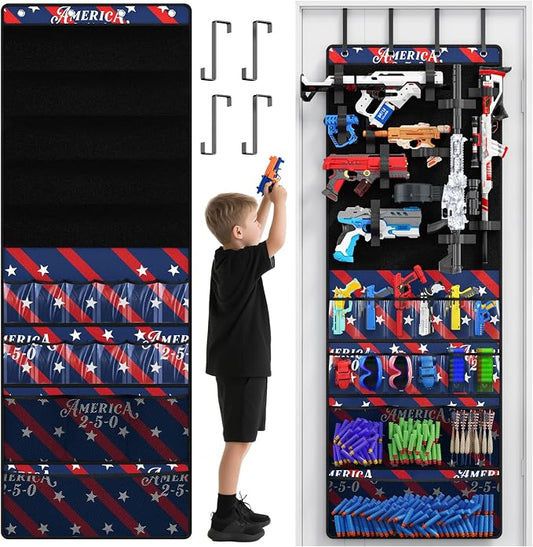 Over the Door Organizer for Toy Guns, Toys Storage Door Hanger with Pockets and Slots for Kids Foam Blasters, Darts, Goggles, Over Door Toys Storage Organizer, for Kids Rooms, Game Rooms, Blue Red