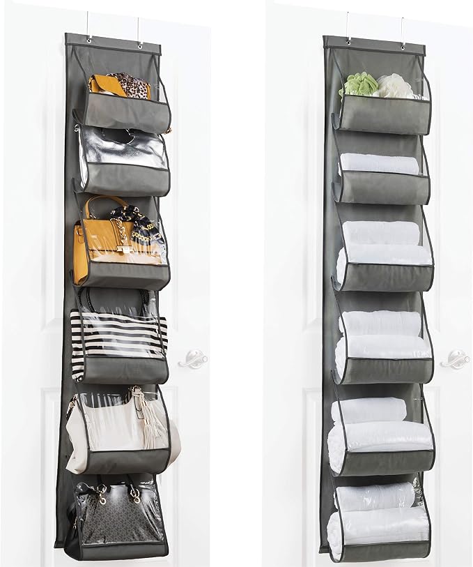 ZOBER Purse Organizer for Closet - Over The Door Purse Organizer W/ 6 Pockets for Easy Purse Storage - Durable Metal Hooks - Purse Rack W/Clear Pockets - Gray (2 Pack)