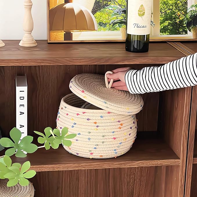 Esme L&H Small Rope Basket with Lid,10x6 Small Round Woven Storage Basket with lid for Organizing, Small Decorative Toy Basket with Colorful Rainbow Pompom, Cute Storage Bin Box for Toys, Gifts…