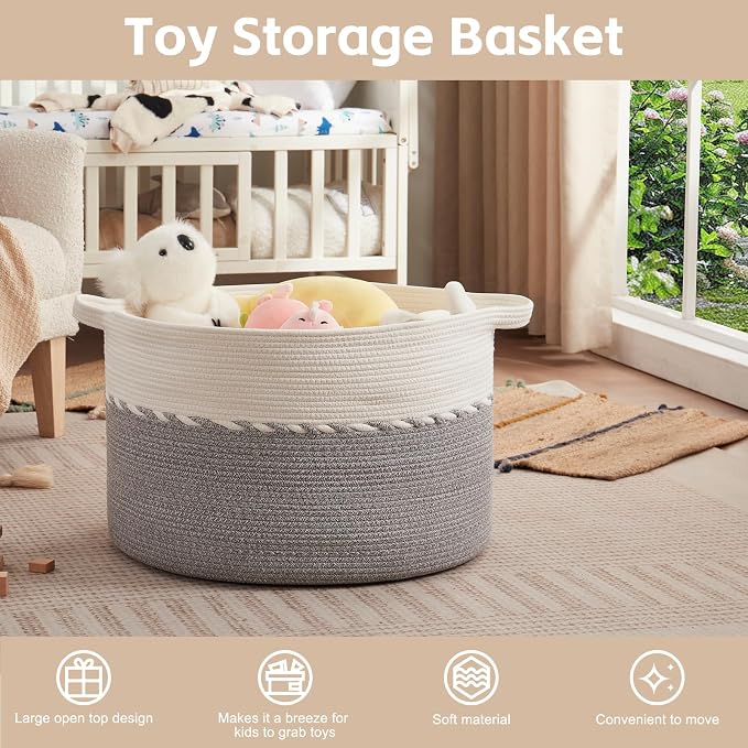 OIAHOMY 125L Extra Large Blanket Basket, 25" x 16", Jumbo Laundry Hamper, Cotton Rope Basket with Handles for Living Room,Baby Toy Basket for Storage, Grey