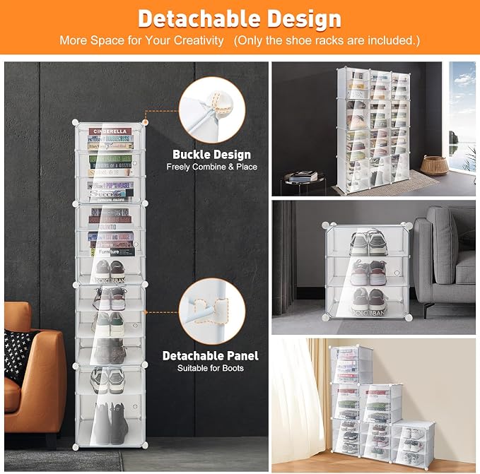12Pcs 3-Layer Shoe Storage Box, Foldable Shoe Organizer Boxes Capable of Holding 72 Pairs, Plastic Shoe Organizer with Transparent Cover, Free Standing Shoe Rack Expandable for High Heels, Boots