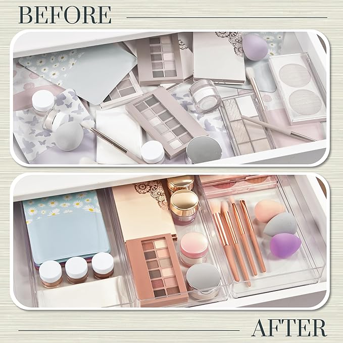 STORi SimpleSort 3-Piece Stackable Clear Drawer Organizer, 12" x 6" x 2" | Rectangle Trays, Wide Makeup Vanity Storage Bins, Office Desk Drawer Dividers, Made in USA