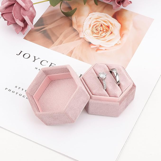 DesignSter Velvet Jewelry Ring Box,2 Slots Jewelry Ring Gift Box Vintage Ring Display Holder with Detachable Lid for Proposal, Engagement, Wedding, Ceremony(Peach pink)