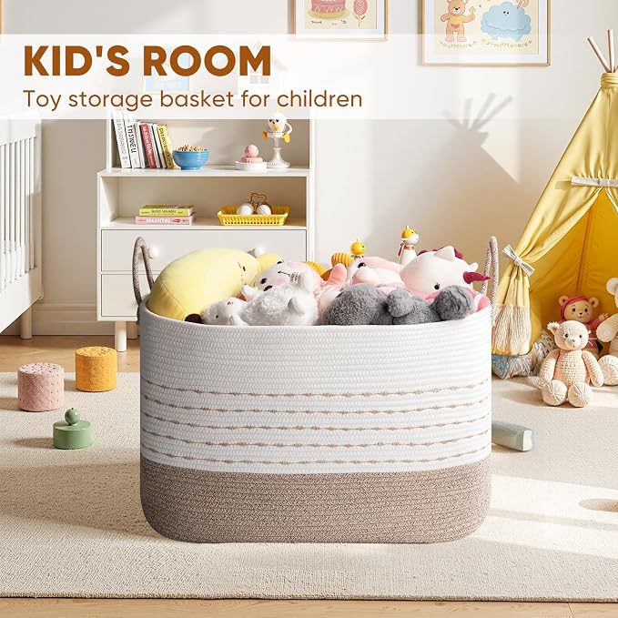 OIASKET XXL Large Blanket Basket for Living Room, 108L Woven Storage Baskets for Organizing, Rectangle Cotton Rope Basket Toy Chest With Handles--Brown & White