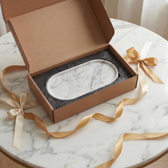 YKAJO Carrara White Gray Oval Marble Tray, 11.8x5.9 Perfume Organizer Dish | Honed natural stone; holds jewelry, rings, keys, candles, trinkets; for dresser, nightstand, bath counter