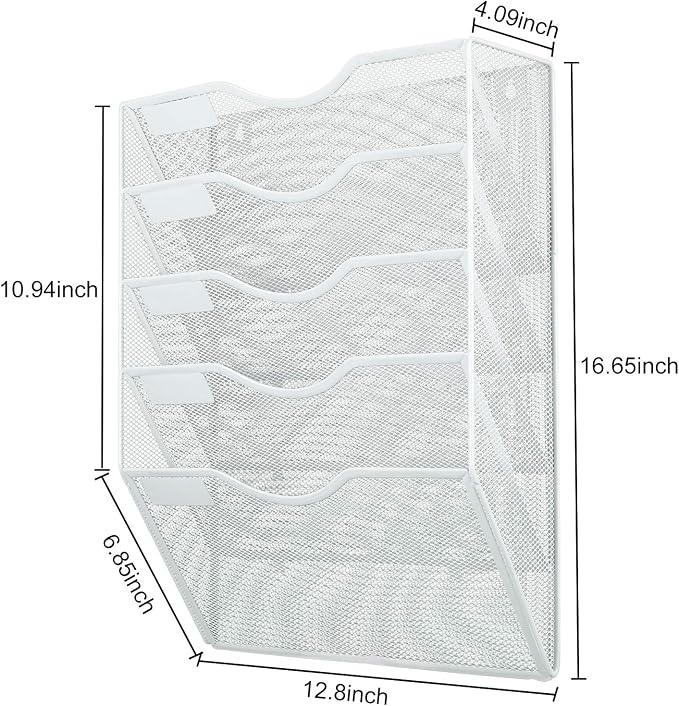 PAG Hanging Wall File Holder Mail Organizer Wall Mount Document Letter Rack, 5-Tier, White
