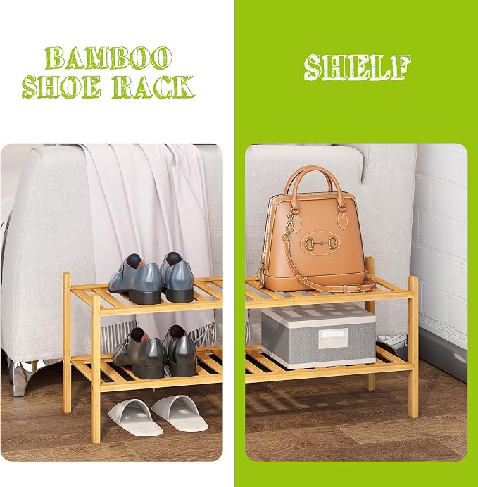 BMOSU 2-Tier Bamboo Shoe Rack Premium Stackable Shoe Shelf Storage Organizer for Hallway Closet Living Room Entryway Organizer (Natural Bamboo)