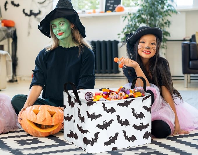 Halloween Bat Storage Basket with Handles Open Gifts&Candy Spooky Basket stuffers for Kids Baby Collapsible Women Organizer Bins Toys Boxes for Shelves Home Office