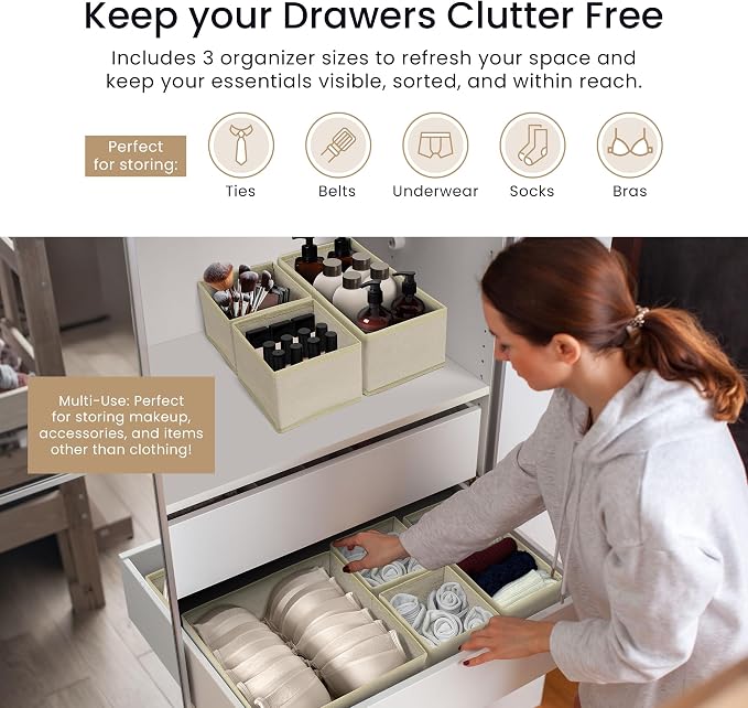 Reli. Drawer Organizers (14 Pack) | Storage Dividers, Dresser Dividers & Organization Bins for Clothes, Baby Nursery | Foldable Fabric Drawer Containers for Bras, Socks, Underwear (Beige)