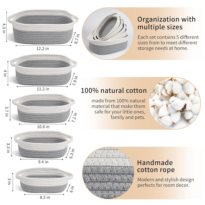 VOOWO Set of 5 Woven Baskets - Rope Storage Solutions, Nursery & Organizing, Off White & Gray