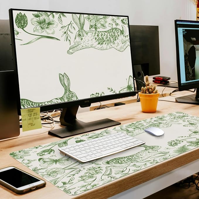 L-SPOUTTO Green Floral Desk Mat for Keyboard and Mouse,XXL Gaming Mouse Pad | Large 35.4x15.7in Non-Slip Rubber Base Keyboard Pad Waterproof Desktop Mat for Laptop Computer Work Home Office