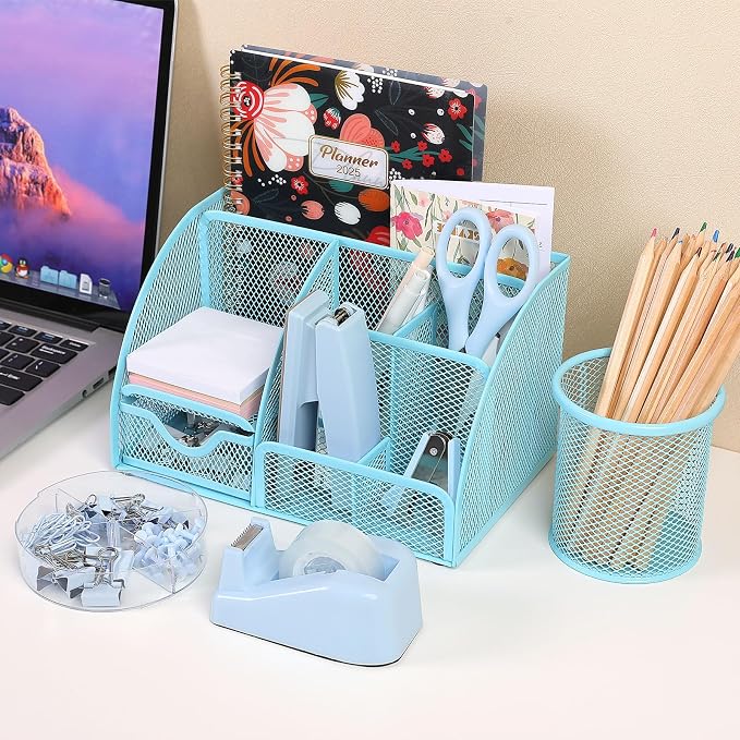 SKYDUE Blue Office Supplies Set, Office Desk Accessories, Mesh Desk Organizer, Stapler, Tape Dispenser, Scissors, Binder/Paper Clips and 1000pcs Staples, Office Supplies for Teacher, Gifts
