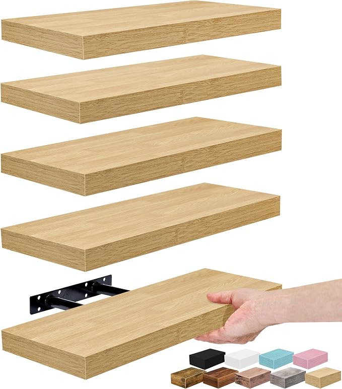 Sorbus Floating Shelves for Wall – 16 Inch Floating Shelf for Kitchen, Bedroom, Living Room, Bathroom, Home & Wall Decor - Mounted Bathroom Shelves with Invisible Brackets (Maple Wood, 5 Pack)