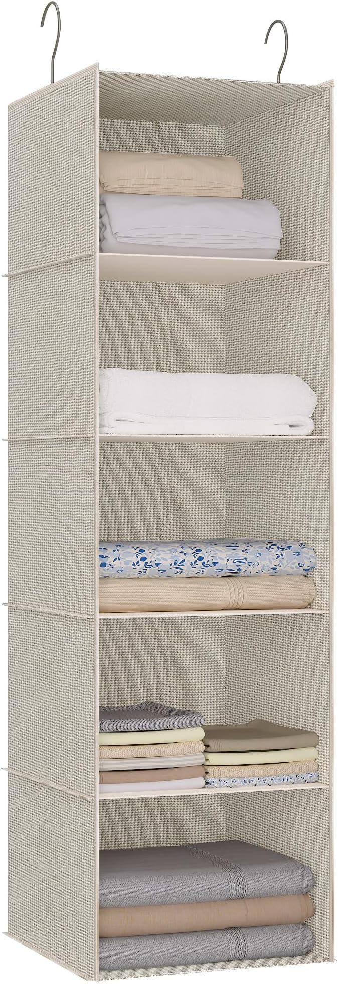 Hanging Closet Organizer 5-Tier, Oxford Wardrobe Storage, Beige Houndstooth | Easy-mount foldable design holds clothes, handbags, shoes & accessories; washable Oxford fabric, sturdy and space-saving.