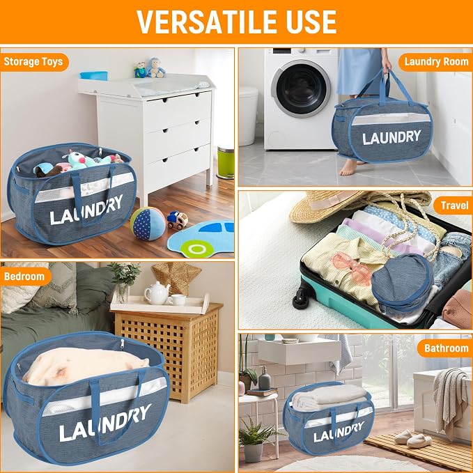 Collapsible Laundry Baskets with Lid, Foldable Clothes Hamper with Reinforced Handles, Sturdy Pop Up Hampers for Laundry, Tear Proof & Easy to Carry Laundry Hamper for Home, Dorm, Travel Blue