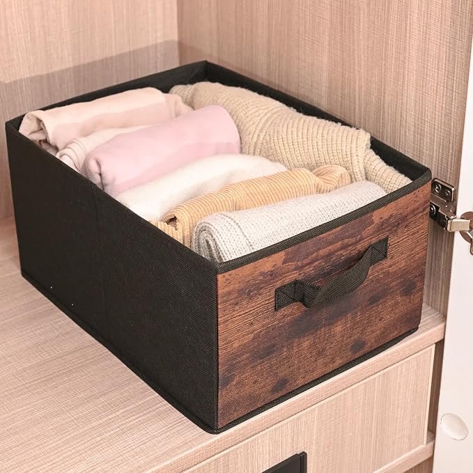 JAKAGO Fabric Storage Bins set of 4 Rectangle Storage Baskets with Handle Foldable Closet Organizer for Clothes Towel bedding Books Collapsible Clothing Container for Shelves Bedroom(Wood High)