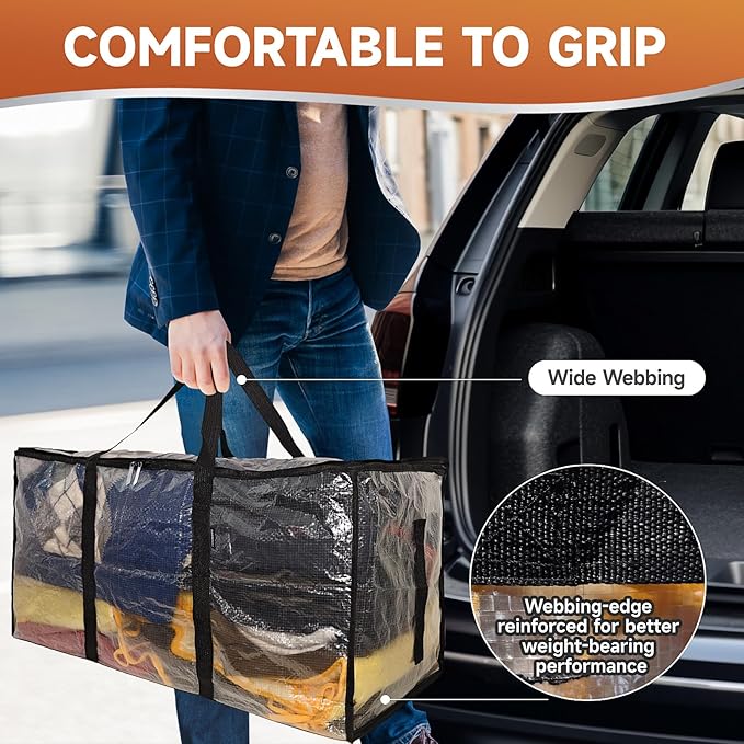 CONGREGATE 8 Pack Heavy Duty Semi-Transparent Extra Large Moving Bags, 97L/25.6Gal PP Totes w/Reinforced Handles & Metal Zippers, 28.7"x13.7"x15" Foldable Moving Boxes For Home Dorm Storage