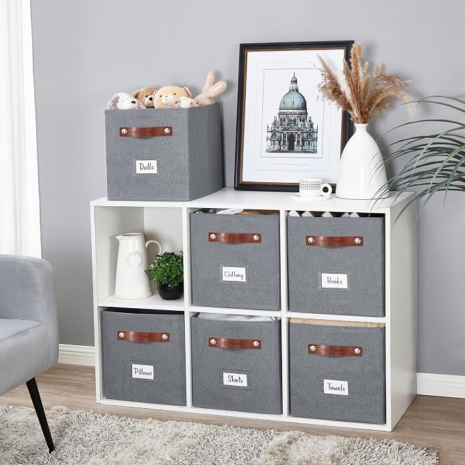 DECOMOMO Storage Bins, Cube Storage Bin with Labels | 10.5" x 11" Fabric Storage Cubes for Shelves (6pcs, Texture Grey)