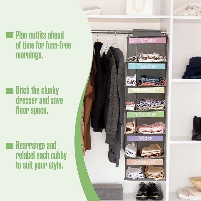 Kids Clothes Organizer, Weekly Clothes Organizer for Kids, 6 Shelf, Grey | Houseables Closet Daily Outfit Storage, Monday Through Friday Clothing Planner, Day of The Week, Weekday, School, Hanging