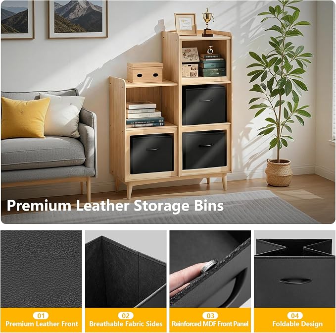 WUIKE Black Storage Cubes, 13-Inch Faux Leather Front Bins, 4-Pack | Collapsible Cubby Organizer Baskets with Handles for Shelves and Closets
