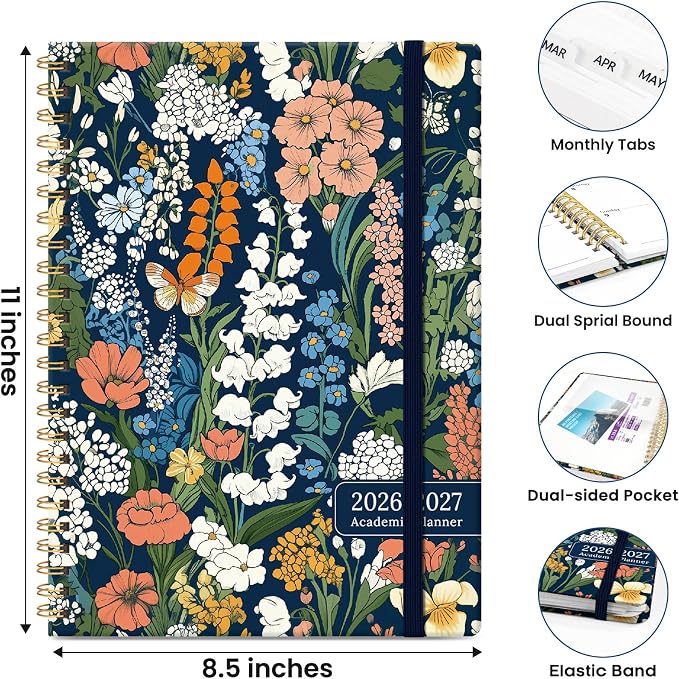 Planner 2026-2027, Hardcover Monthly and Weekly Academic Planner July 2026 - June 2027, Teacher and Student Calendar Agenda Book with Tabs, A4 (8.5" x 11"), Ideal for School and Office, Botanical Tapestry