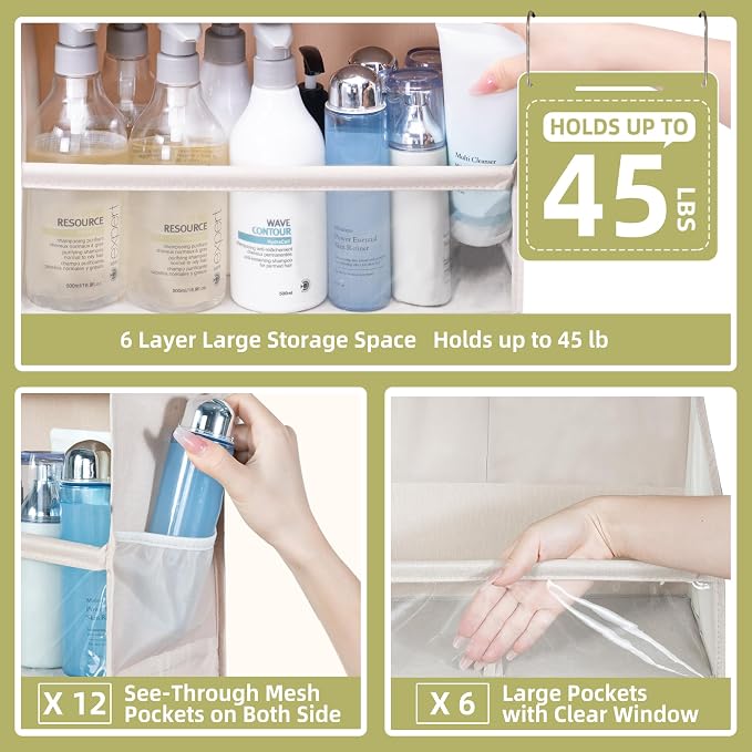 Over Door Organizer with 6 Extra Large Pockets 12 Side Pockets, Sturdy Closet Storage Rack, Hanging Storage Organizer with Clear Window for Shoes, Diapers, Toys, Bedroom, Bathroom, Beige