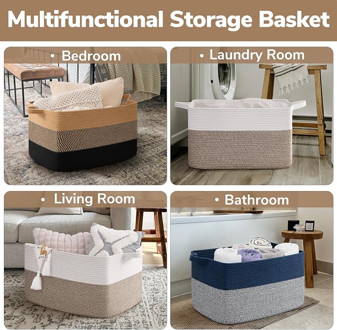 Goodpick Large Blanket Basket 22" x 17" x 12" Wicker Laundry Baskets for Organizing, Decorative Woven Rope Basket for Living Room Bedroom, Rectangle Toy Storage Baskets for Kids