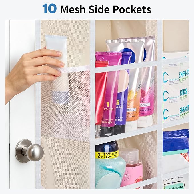 JARLINK Over the Door Organizer Storage, 5-Tier Extra Large Hanging Storage with 10 Mesh Pockets, 100 lbs Capacity Behind Door Storage for Bedroom, Bathroom, Pantry, Nursery, (Beige)