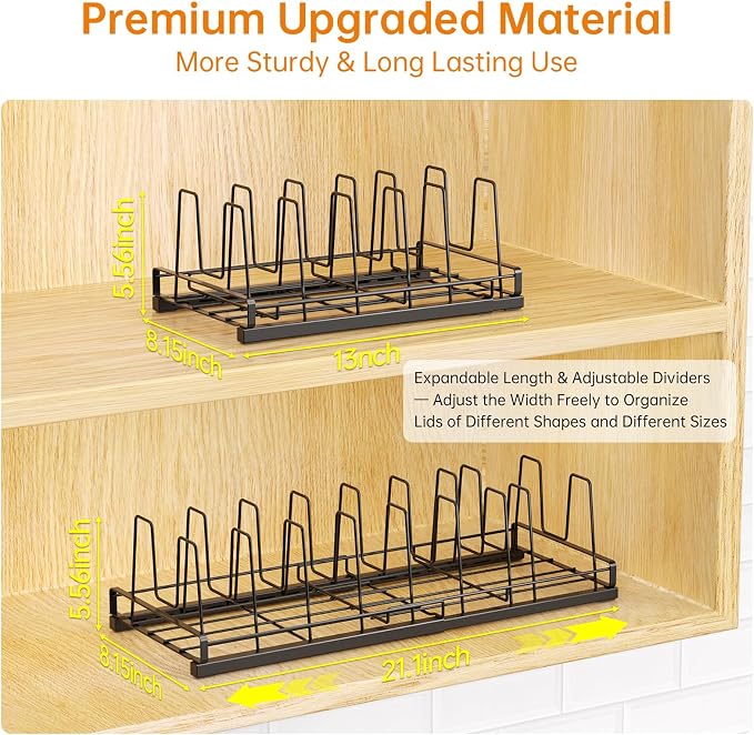 Expandable Food Container Lid Organizer(13"-21") with 9 Adjustable Dividers | Metal, Large Capacity Detachable Lid Organizer Rack, Pads Prevent Sliding for Kitchen Cabinet,Cupboard,Pantry Shelves,Drawer
