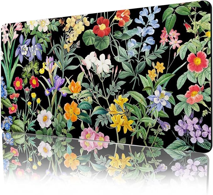 Lokigo Black Flower Desk Mat Floral Plants Mouse Pad, Wildflowers Large Gaming Mousepad Desk Pad, XXL Keyboard MouseMat Full Desktop Mat Women Office Accessories 31.5"x15.7"
