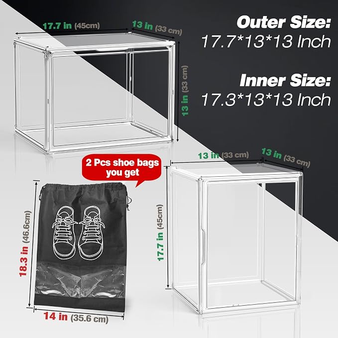 3 Pack XXX-Large Tall Boot Storage Organizer 17.3x13x13, Acrylic Display Case Shoe Boxes Extra Large Helmet Showcase Clear Stackable Hangbag Tote Bag with Magnetic Lid, 3 Pack Boxes with 2 Shoe Bags