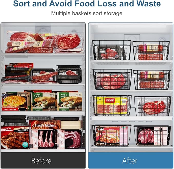 iSPECLE Freezer Organizer Bins - 4 Pack Upright Freezer Baskets for 16/17/21 Cu.Ft Stand Up Freezer, Wire Storage Slide-Out Access, Prevents Items Falling, 2 Large and 2 Medium, Black