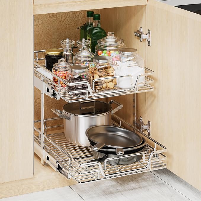 2-Tier Kitchen Cabinet Pull Out Shelf and Drawer Organizer Slide Out Pantry Storaqe Basket in Multiple Sizes (15" W x18 D)