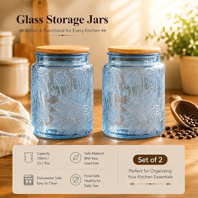 Custde Glass Storage Jars With Airtight Lid, 23.7oz Canister For Kitchen Counter with Bamboo Lid, brown sugar, candy, coffee, cookie, salt, tea,pantry cute Jar (Blue 2-Pack, 23.7 fl oz)