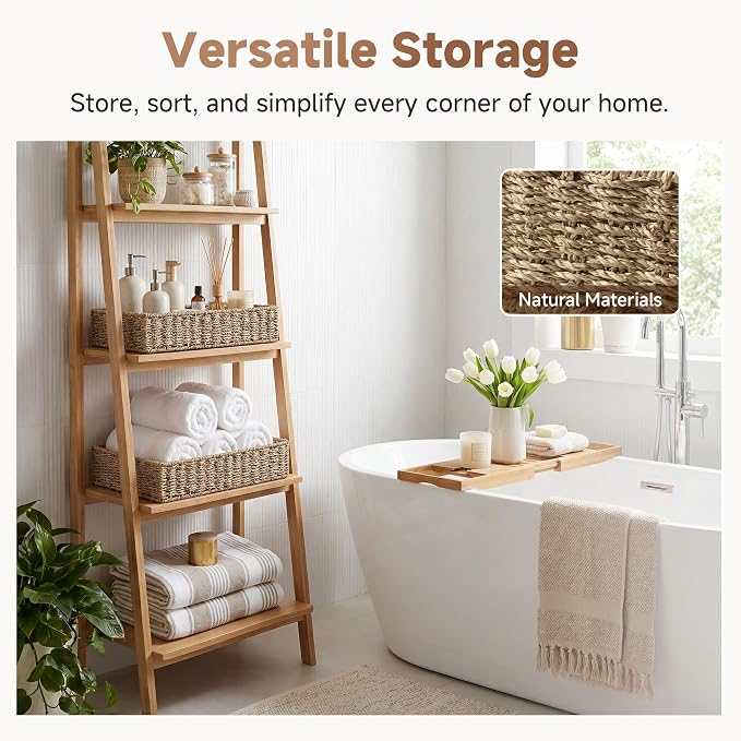 StorageWorks Large Seagrass Tray for Bathroom, Seagrass Storage Baskets for Shelves, Handwoven Natural Wicker Baskets for Organizing, 2-Pack