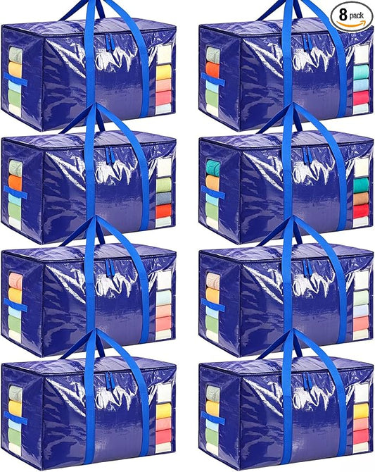 BAGAIL Heavy Duty Moving Bags with Strong Handle, Extra Large Moving Boxes, Storage Tote for Clothes, College Moving Supplies(8 Pack, Blue-windows)
